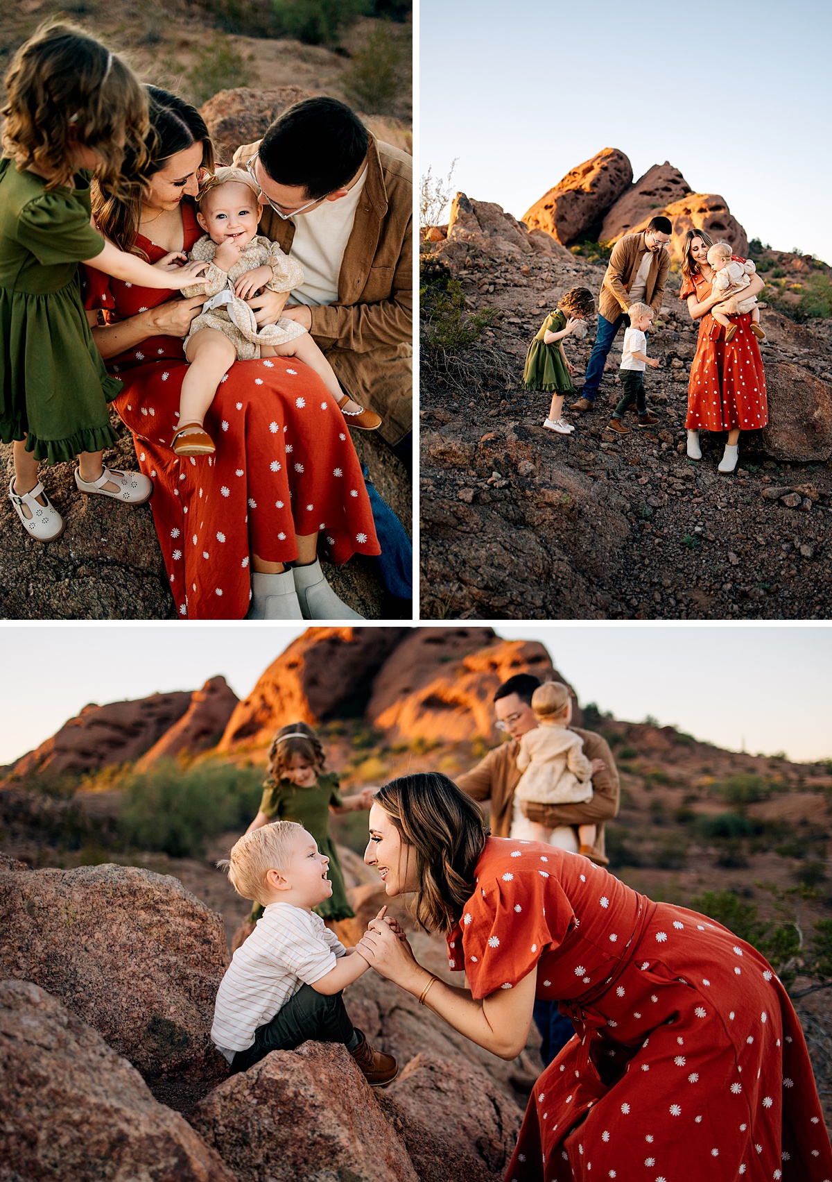 Candid family portrait at Papago Park red rocks by Tempe AZ Family Photographer
