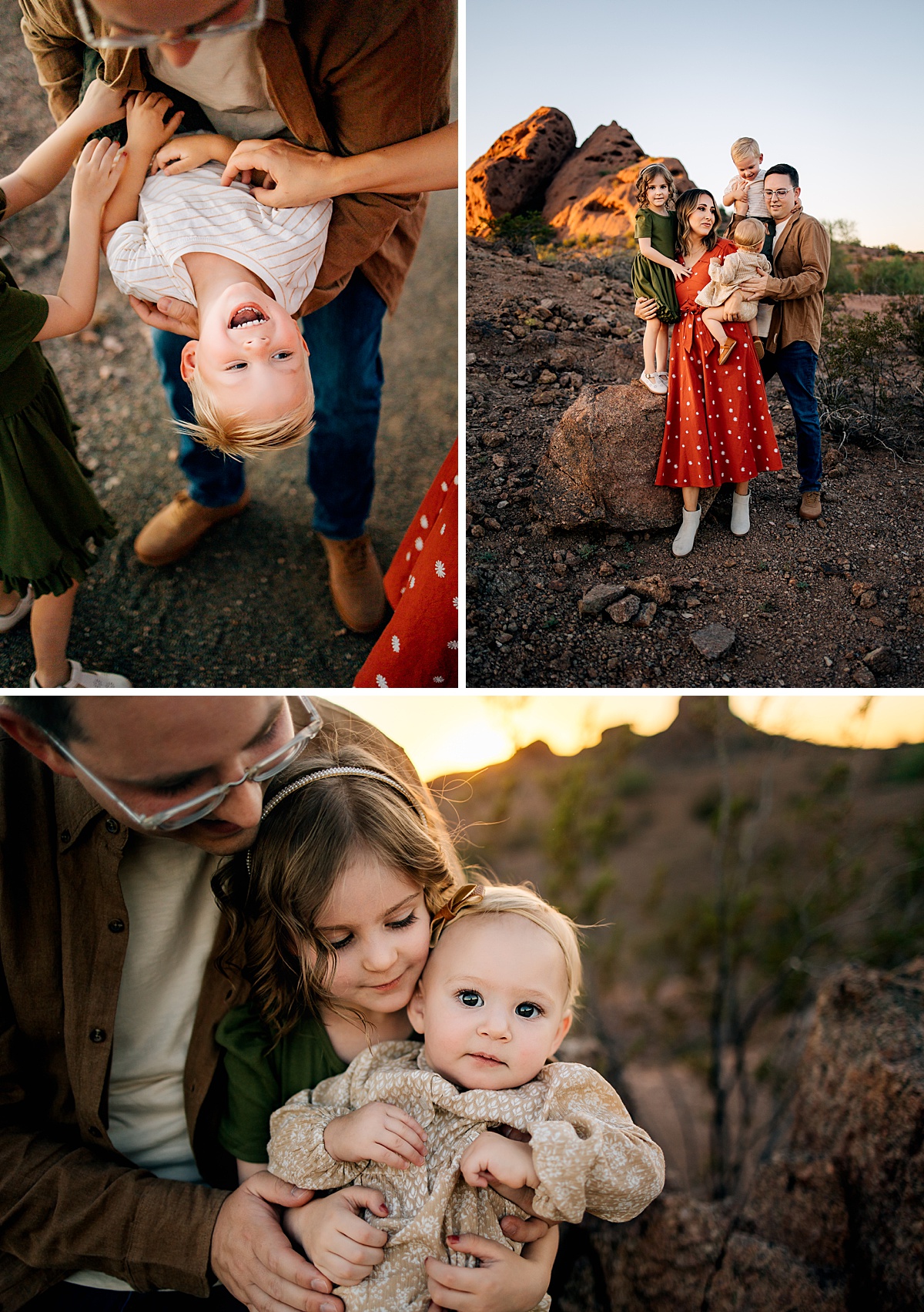 Candid family portrait at Papago Park red rocks by Tempe AZ Family Photographer