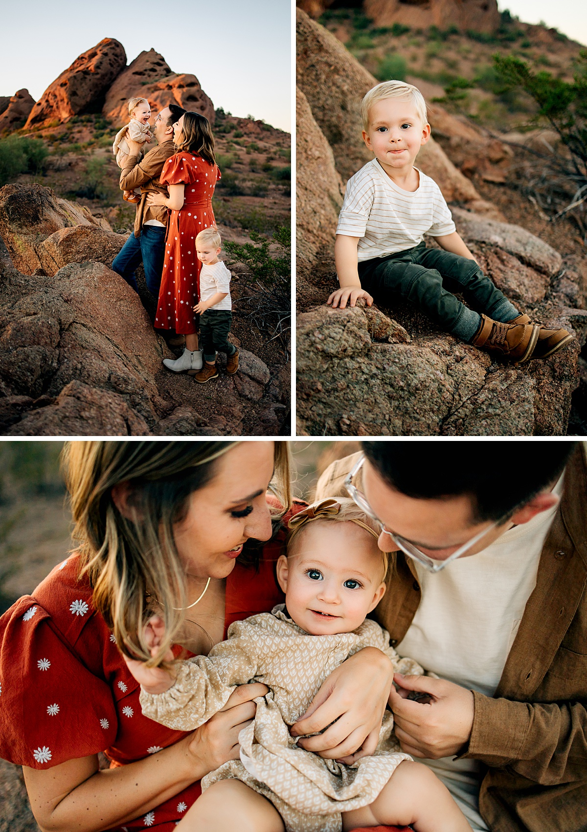 Candid family portrait at Papago Park red rocks by Tempe AZ Family Photographer