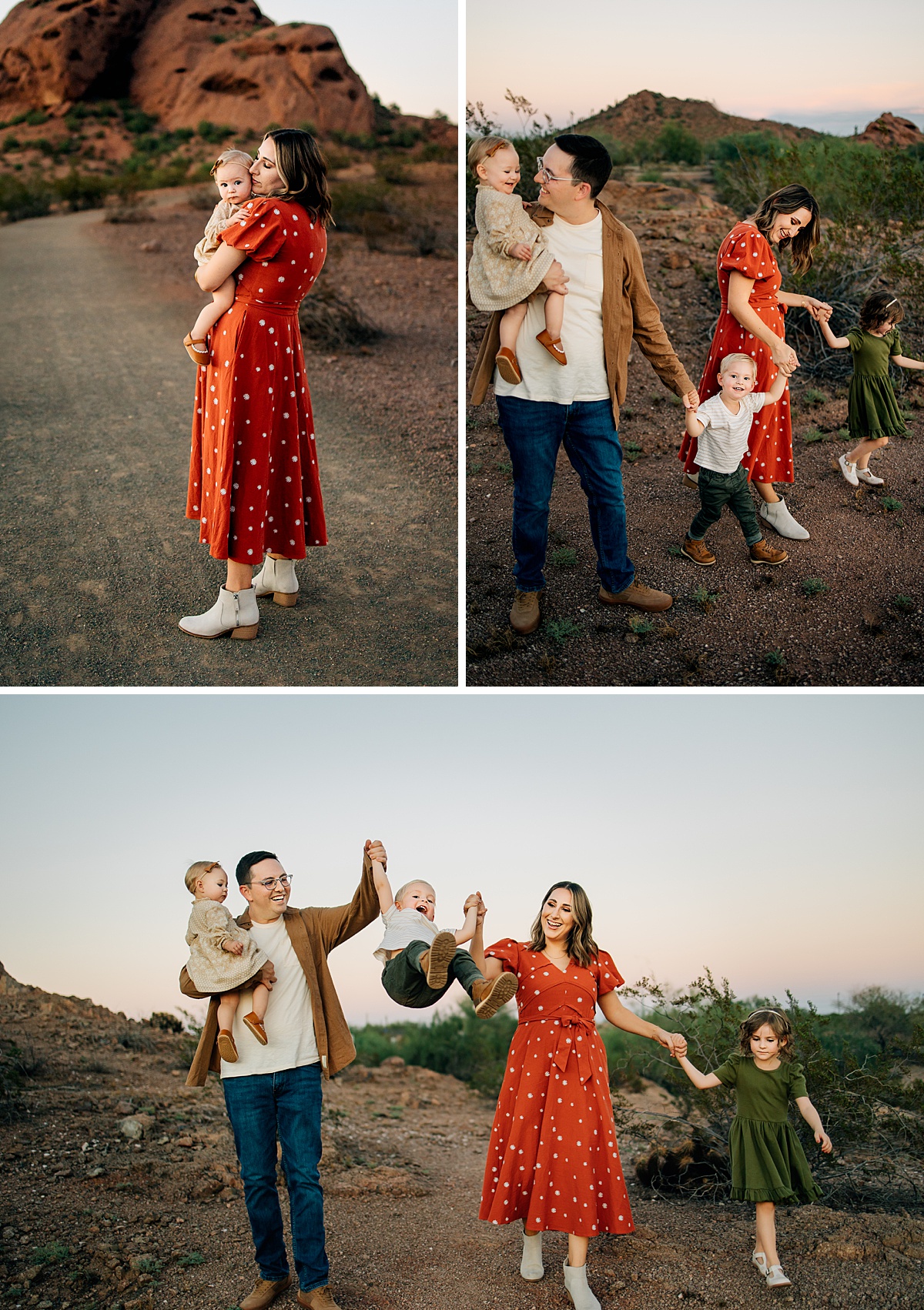 Candid family portrait at Papago Park red rocks by Tempe AZ Family Photographer